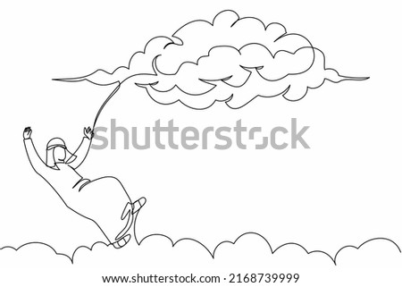 Single continuous line drawing Arab businessman falling from cloud sky. Financial crisis tragedy. Loses business and job. Employee dismissal at work. One line draw graphic design vector illustration