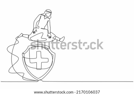 Single one line drawing Arabian businessman jumping over big shield. Financial insurance for future protection. Fund safety, bank deposit assurance. Continuous line design graphic vector illustration