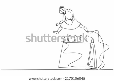 Continuous one line drawing Arab businessman jumping over big calendar. Scheduling management meeting forum for executive. Monthly business project plan. Single line design vector graphic illustration