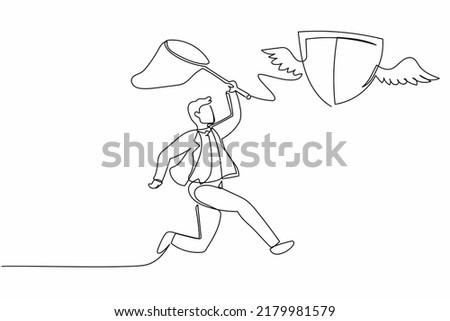 Single one line drawing active businessman try to catching flying shield with butterfly net. Expensive security and protection insurance. Modern continuous line draw design graphic vector illustration
