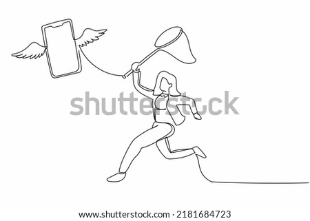 Continuous one line drawing businesswoman try to catch flying smartphone with butterfly net. Missed phone calls interview. Lost job opportunities. Single line draw design vector graphic illustration