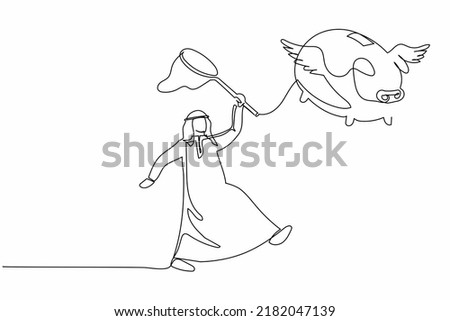 Single continuous line drawing Arabian businessman try to catching flying piggy bank with butterfly net. Loss of retirement savings. Business metaphor. One line draw graphic design vector illustration