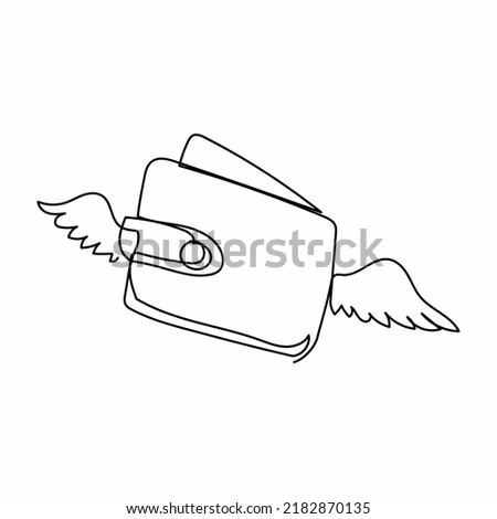 Single one line drawing flying wallet with wings. Losing money, overspending, bankruptcy. Winged purse logo mascot on white background. Modern continuous line draw design graphic vector illustration