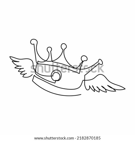 Single continuous line drawing flying crown with wings. Classic King crown badge with wings. Creative logo illustration design element for. Dynamic one line draw graphic design vector illustration