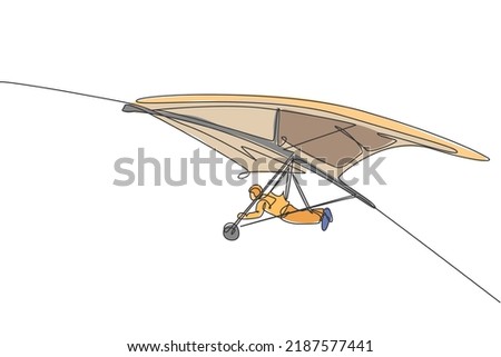 One continuous line drawing of young bravery man flying in the sky using hang gliding parachute. Outdoor dangerous extreme sport concept. Dynamic single line draw design vector illustration graphic