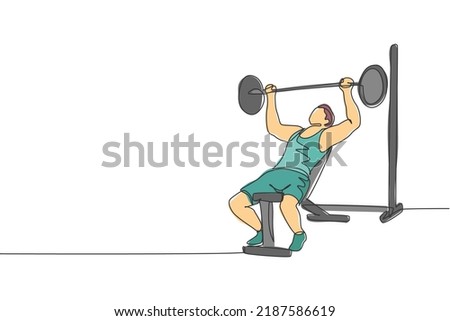 Single continuous line drawing of young sportive man training lifting barbell on bench press in sport gymnasium club center. Fitness stretching concept. Trendy one line draw design vector illustration