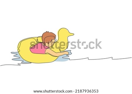 Single continuous line drawing of young happy boy playing with floating ring in gym swimming pool center. Summer holidays and vacation concept. Trendy one line draw graphic design vector illustration