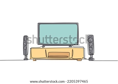 One continuous line drawing of home theater with stereo audio system speaker. Electricity living room gadget concept. Trendy single line draw design vector graphic illustration