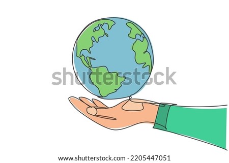 Single one line drawing of hands hold round earth. Globe icon silhouette for world protect concept. Infographics, business presentation isolated on white background. Design vector graphic illustration