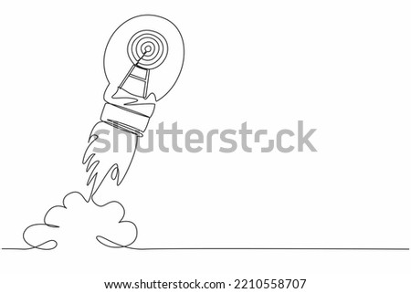 Single one line drawing dartboard launching with lightbulb. Startup success target, launch new product aim for win business achievement, marketing goal. Continuous line draw design vector illustration 商業照片 © 