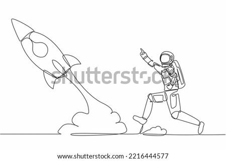 Continuous one line drawing young astronaut run chasing rocket take off in moon surface. Left behind departure back to earth. Cosmonaut outer space concept. Single line draw design vector illustration