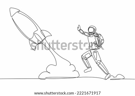 Continuous one line drawing young astronaut run chasing rocket take off in moon surface. Left behind departure back to earth. Cosmonaut outer space concept. Single line draw design vector illustration