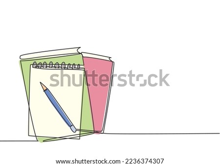 Single continuous line drawing of notebook or notepad with a pencil above work desk. Writing business draft on office notes concept. Trendy one line draw design vector graphic illustration