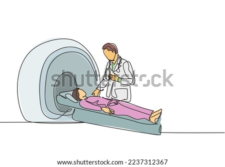 One continuous line drawing of young male doctor do MRI procedure to CT scanning male cancer patient. Medical treatment service concept single line draw design vector illustration