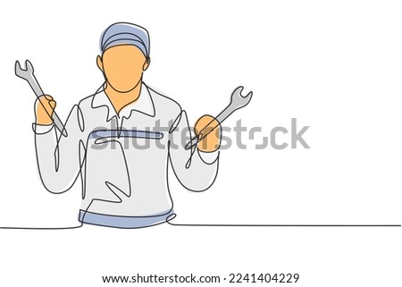 Single one line drawing mechanic with celebrate gesture and holding wrench works to fix broken car engine in garage. Success business. Modern continuous line draw design graphic vector illustration