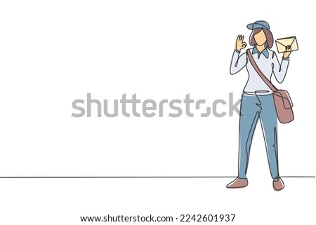 Single continuous line drawing postwoman standing with hat, sling bag, uniform, holding envelope, and gesture okay delivering mail to home address. One line draw graphic design vector illustration