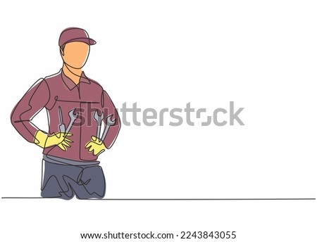 Single continuous line drawing of young man mechanic holding wrench set at car workshop garage. Professional work job occupation. Minimalism concept one line draw graphic design vector illustration