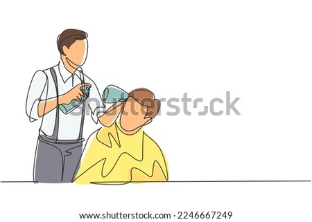 Single continuous line drawing barber makes hair styling with hair spray after haircut at barber shop. Young handsome man getting haircut in modern hair salon. Dynamic one line draw graphic design