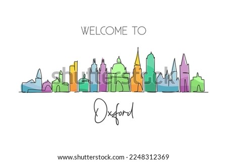 Single continuous line drawing Oxford skyline, England. Famous city scraper landscape gallery. World travel home wall decor art poster print concept. Modern one line draw design vector illustration