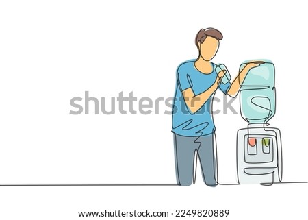 Single one line drawing 
young man drinking fresh water in a glass while standing next to a water dispenser filled with gallons of water. Modern continuous line draw design graphic vector illustration 商業照片 © 