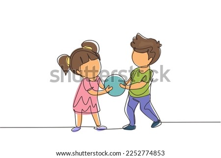 Continuous one line drawing Kids girl and boy brother  sister fighting over a ball. Conflict between children. Kids sibling fighting in playroom because of toy. Single line draw design vector graphic