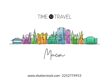 Continuous one line drawing Macon city skyline, Georgia. Beautiful landmark. World landscape tourism travel wall decor poster print art. Stylish single line draw graphic design vector illustration