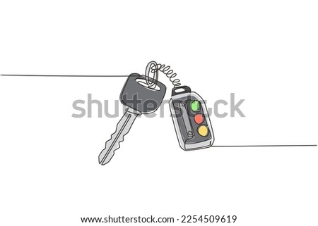 Continuous one line drawing realistic car keys black color isolated on white background. Set of electronic car key front and back view and alarm system. Single line design vector graphic illustration