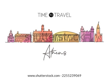 Continuous one line drawing Athens city skyline, Ohio. Beautiful landmark. Beautiful world landscape tourism travel wall decor poster, postcard. Single line draw design vector graphic illustration