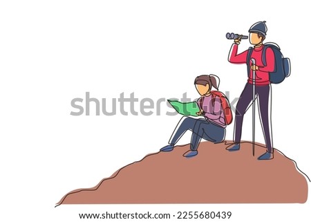 Continuous one line drawing couple man woman hikers with backpacks, binocular, and hiking gear reading route map. Looking for direction, trekking location. Single line draw design vector illustration