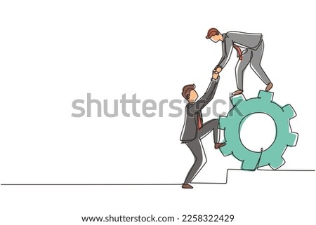Single one line drawing two businessmen helping each other on top of cog. Teamwork people help each other trust assistance. Goal concept. Modern continuous line draw design graphic vector illustration