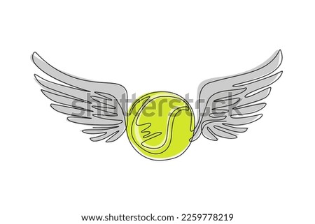 Continuous one line drawing winged icon featuring tennis ball. Flying tennis ball with wings in the sky. Moving tennis balls flying, falling isolated. Single line draw design vector illustration