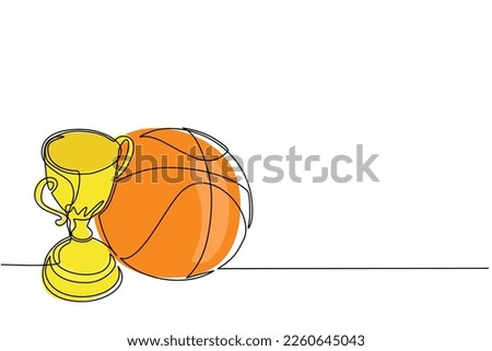 Single one line drawing trophy and basketball ball. Champion cup icon with basketball. Championship trophy. Sport tournament award, winner cup and victory concept. Continuous line draw design vector