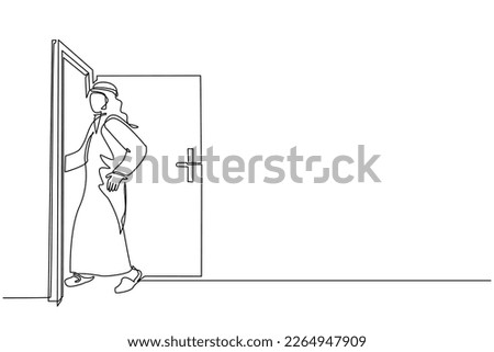 Single one line drawing Arabian businessman enters room through door. Man walking to opened door. Starting new day at office. Business concept. Continuous line draw design graphic vector illustration