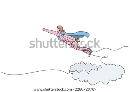 Single one line drawing businesswoman superhero flies up and leaves cloud of dust. Super worker in cloak takes off. Power and uniqueness business concept. Continuous line draw design graphic vector