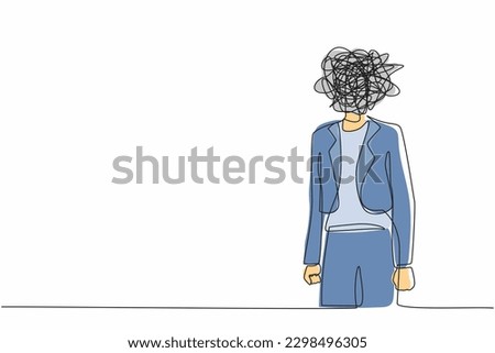 Single continuous line drawing businesswoman with round scribbles instead of head. Frustrated woman. Anxiety, confusion in thoughts. Chaos in head. Confusing process. One line graphic design vector