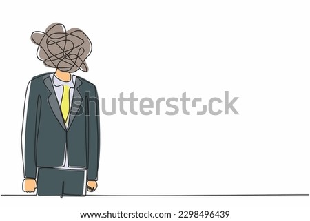 Single continuous line drawing businessman with round scribbles instead of head. Frustrated man. Anxiety, confusion in thoughts. Chaos in head. Confusing process. One line graphic design vector