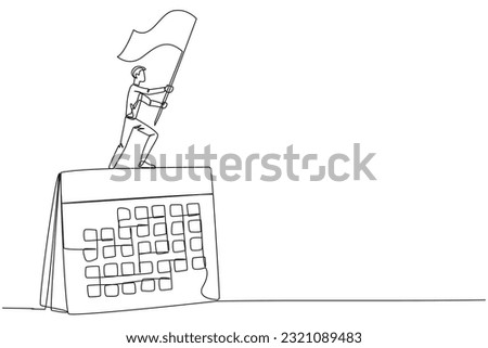 Single one line drawing of businessman standing on giant desk calendar raising flag. Starting small steps in a planned business pattern is key to success in achieving business profits. Continuous line