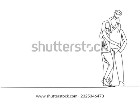 Continuous one line drawing of young woman hug her handsome husband who is holding their little cute son on shoulders hug. Smiling couple with child. Happy family relations. Single line draw  vector