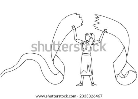 Continuous one line drawing businesswoman tore off billing paper held above his head. Failing to pay bills makes a businesswoman full of emotions. Failure. Single line draw design vector illustration