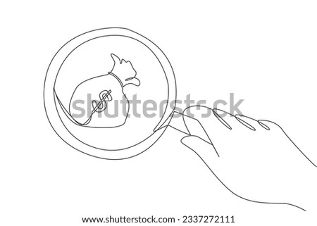Continuous one line drawing of big hand holding magnifying glass highlights money bag. Focus on business goals to be achieved. A number of money bags will come. Single line design vector illustration