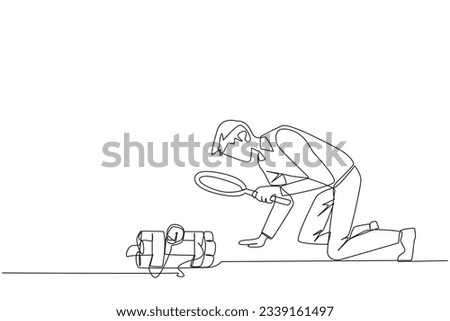 Single one line drawing of businessman holding magnifying glass highlighting dynamite has a clock. Trying to shut down without exploding. Removing barriers. Continuous line design graphic illustration