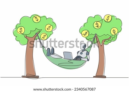 Single continuous line drawing robot typing with laptop in hammock tied on money tree with dollar coin. Robotic artificial intelligence. Electronic technology. One line draw design vector illustration