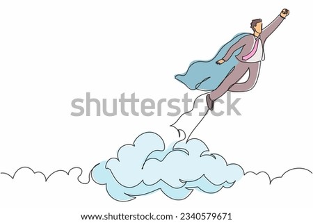 Continuous one line drawing super hero businessman flying up cloud. Super worker in robe cloak takes off. Power, uniqueness, start-up business idea. Single line draw design vector graphic illustration