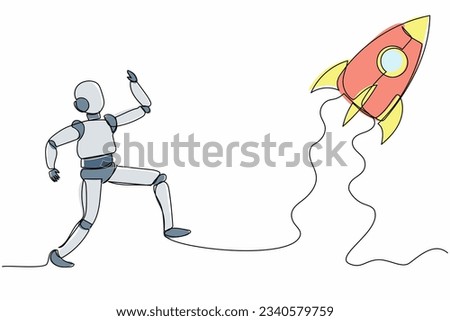 Single continuous line drawing robot run chasing rocket take off. Launching start up business tech. Robotic artificial intelligence. Electronic technology industry. One line draw graphic design vector