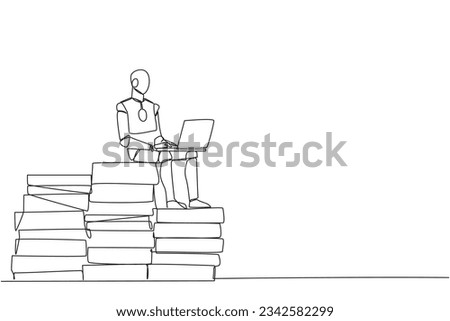 Single one line drawing robotic artificial intelligence sitting on pile of giant documents typing laptop. Robot scanning old documents to save in soft copy format. Continuous line graphic illustration