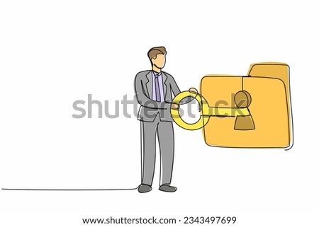 Single continuous line drawing businessman putting big key into folder. Folder locked with key. Data security. Secret information for success in work. One line draw graphic design vector illustration