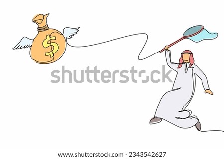 Single one line drawing Arabian businessman try to catching flying money bag with butterfly net. Failed to get annual bonus. Business metaphor. Continuous line draw design graphic vector illustration