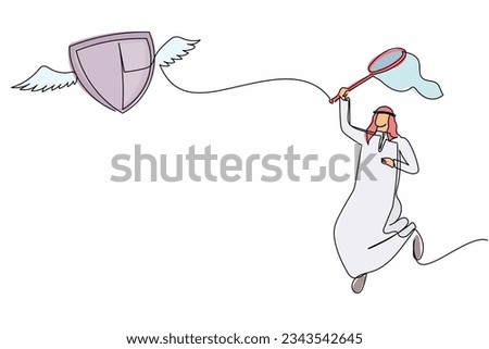 Continuous one line drawing Arabian businessman try to catching flying shield with butterfly net. Losing healthcare insurance budget. Business metaphor. Single line design vector graphic illustration