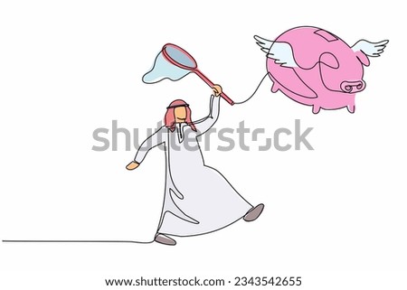 Single continuous line drawing Arab businessman try to catching flying crown with butterfly net. Failed to control the business empire. Business metaphor. One line graphic design vector illustration