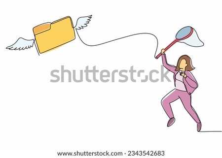 Single continuous line drawing businesswoman try to catching flying folder with butterfly net. Leakage of documents and storage data. Missing archive file. One line graphic design vector illustration